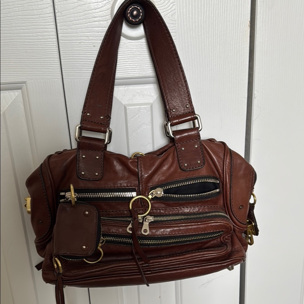 Chic  Chloe Brown Leather Satchel with Gold Details